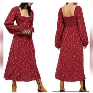 Free People Midi Dress M Iris Floral Long Sleeves Cottagecore Bohemian 1089287